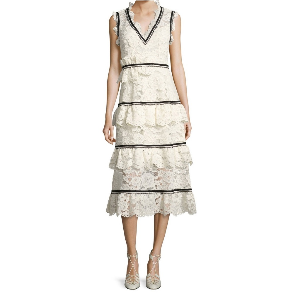 SELF-PORTRAIT White Tiered Guipure Lace Midi